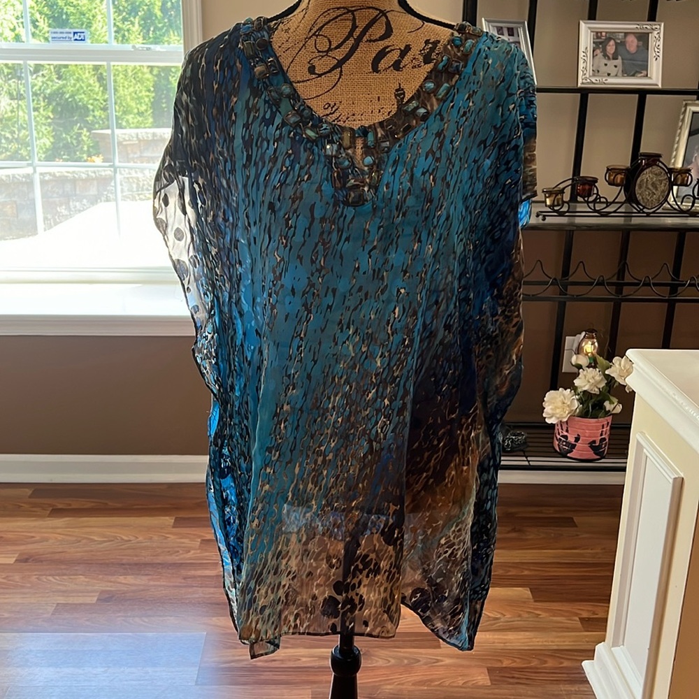 Chicos size S/M sheer blue and brown patterned blouse with blue beaded neckline